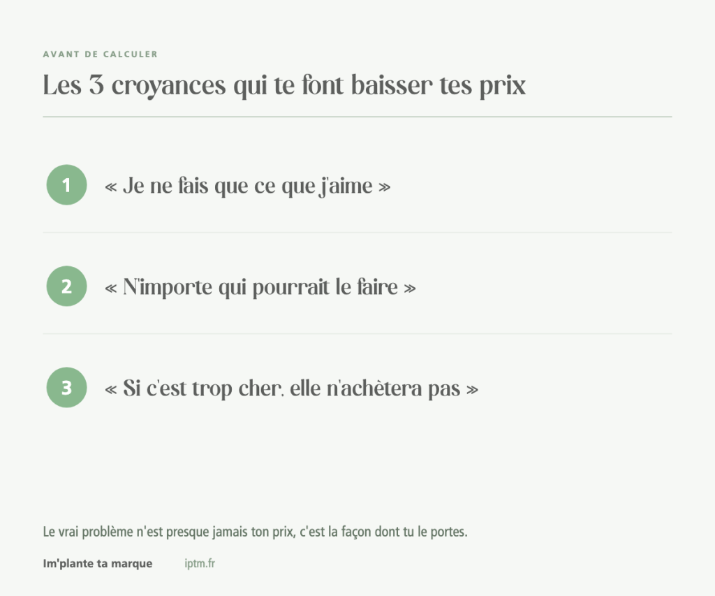 Les 3 croyances qui font baisser tes prix : « je ne fais que ce que j'aime », « n'importe qui pourrait le faire », « si c'est trop cher, elle n'achètera pas »