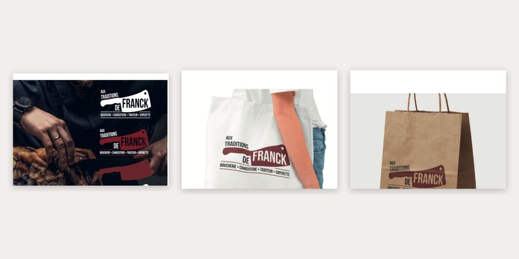 Mises en situation du logo d'Aux Traditions de Franck sur sac, tote bag et photo