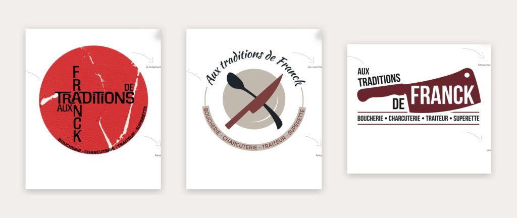 Trois pistes de logo proposées pour Aux Traditions de Franck, boucherie à Orbey