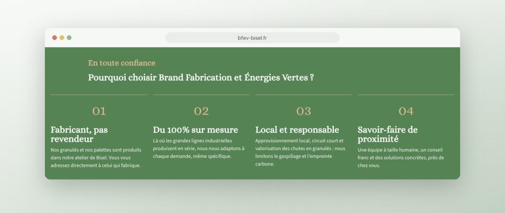 Section Pourquoi nous choisir du site pour Brand Fabrication et Énergies Vertes, palettes et granulés de bois à Bisel