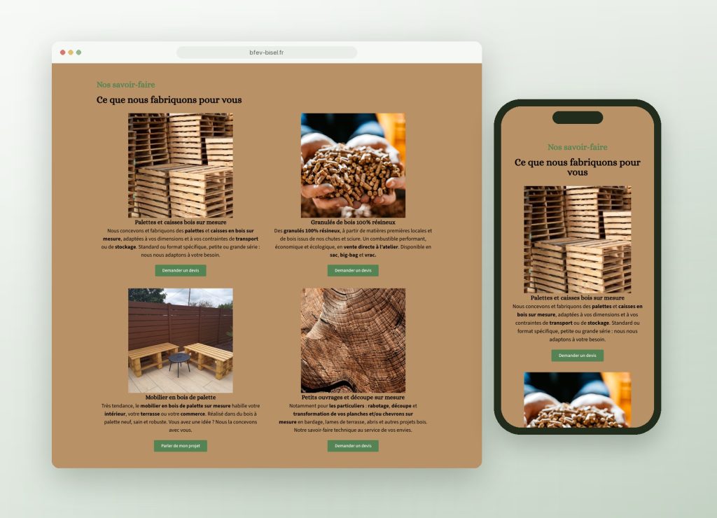 Savoir-faire sur ordinateur et mobile, site pour Brand Fabrication et Énergies Vertes, palettes et granulés de bois à Bisel