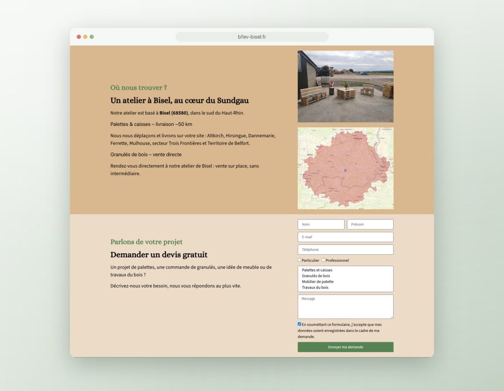Zone d'intervention et demande de devis du site pour Brand Fabrication et Énergies Vertes, palettes et granulés de bois à Bisel