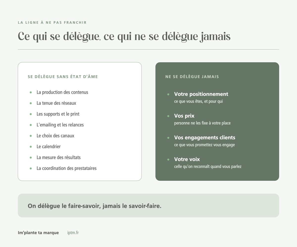 Ce qui se délègue en communication et ce qui ne se délègue jamais : positionnement, prix, engagements, voix