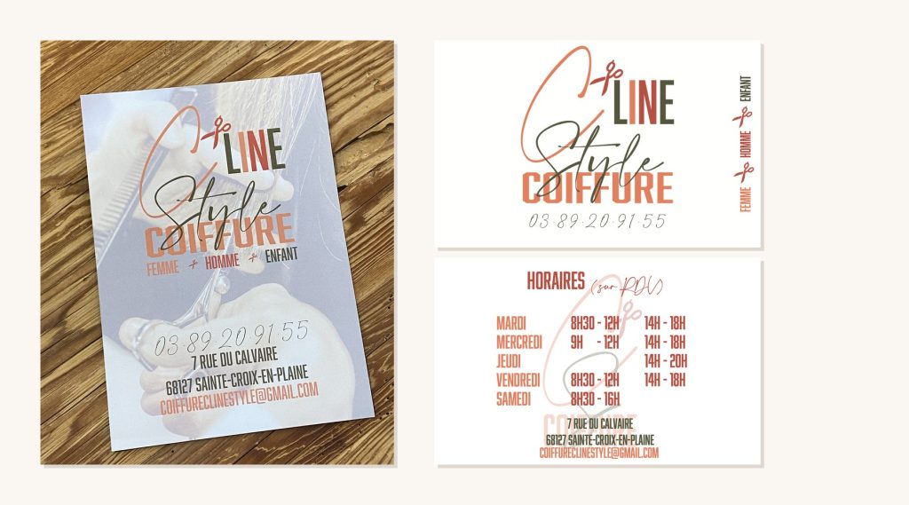 Flyer imprimé et cartes de visite pour C'Line Style, salon de coiffure à Sainte-Croix-en-Plaine
