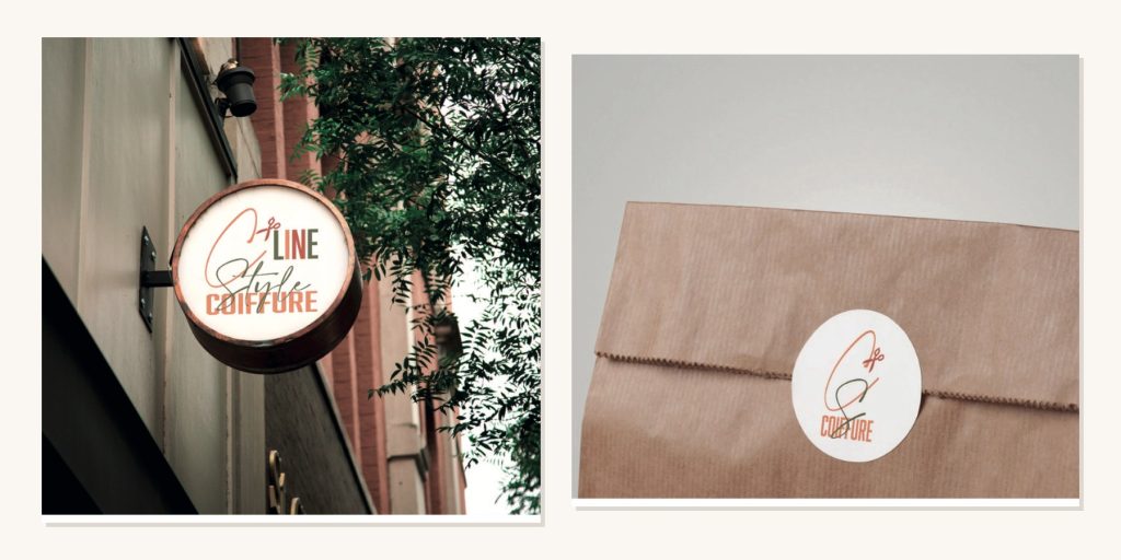 Mises en situation du logo de C'Line Style sur une enseigne et un sticker, salon de coiffure