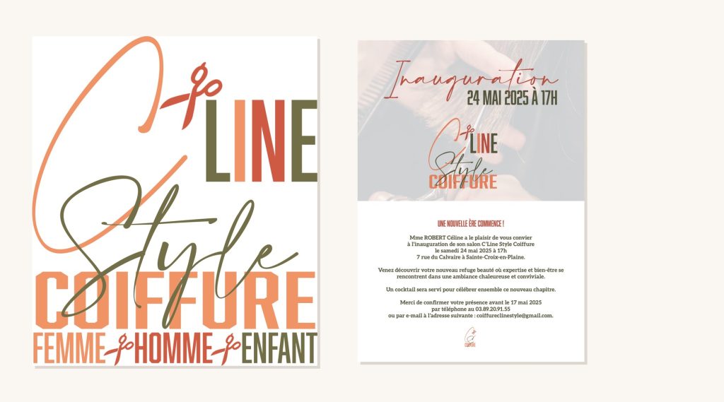 Vitrophanie et invitation d'inauguration pour C'Line Style, salon de coiffure à Sainte-Croix-en-Plaine