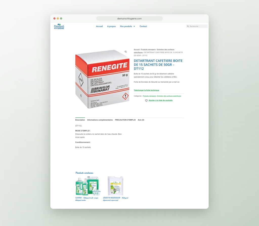 Fiche produit du site catalogue pour Diemunsch Hygiène, produits d'hygiène et d'entretien dans le Haut-Rhin