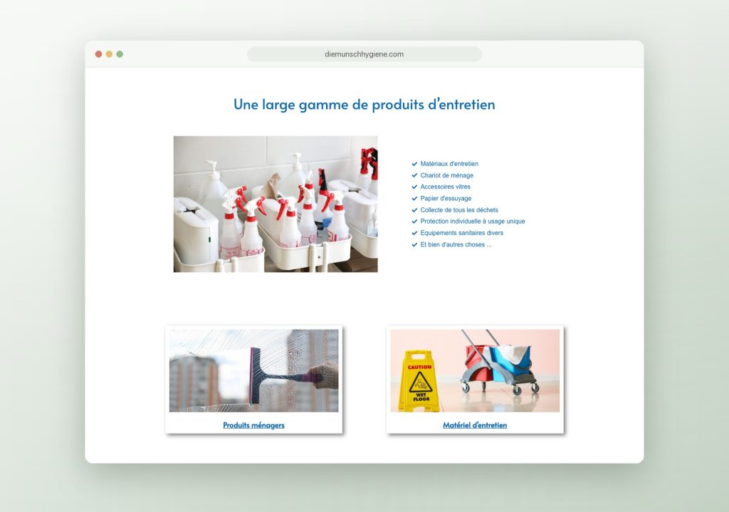 Gamme de produits sur la page d'accueil du site pour Diemunsch Hygiène, produits d'hygiène et d'entretien dans le Haut-Rhin