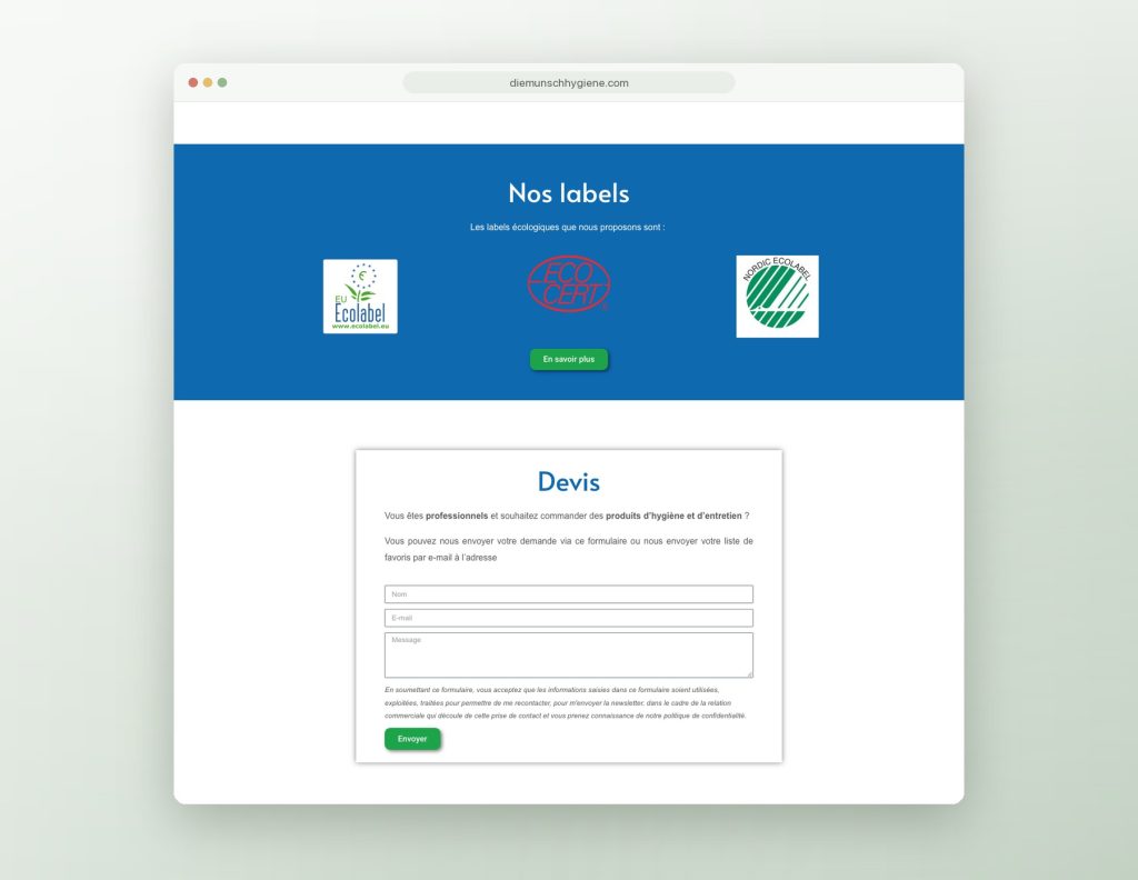 Labels écologiques et demande de devis sur le site pour Diemunsch Hygiène, produits d'hygiène et d'entretien dans le Haut-Rhin