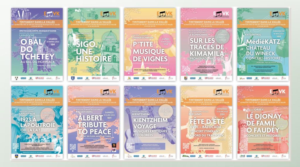 Les dix affiches du festival Tintement dans la vallée pour l'EMVK, école de musique de la vallée de Kaysersberg