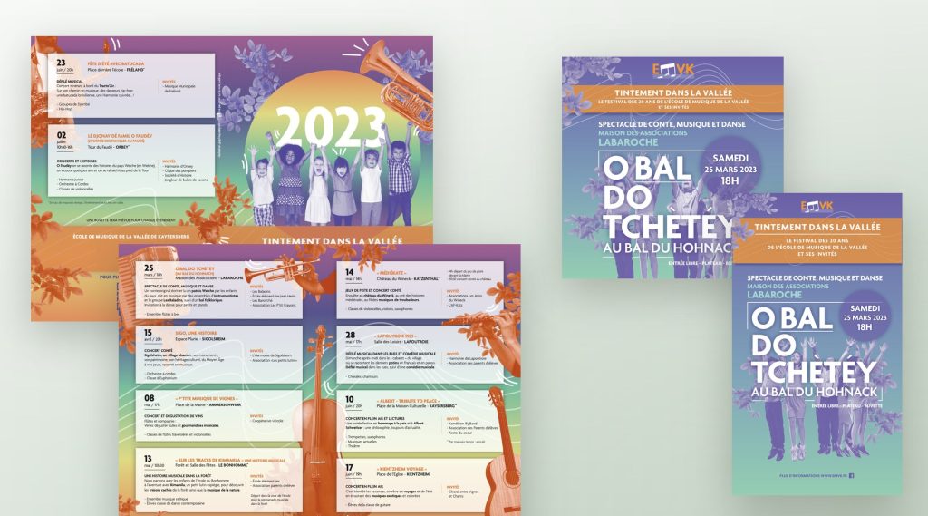 Programme dépliant et visuels réseaux du festival pour l'EMVK, école de musique de la vallée de Kaysersberg