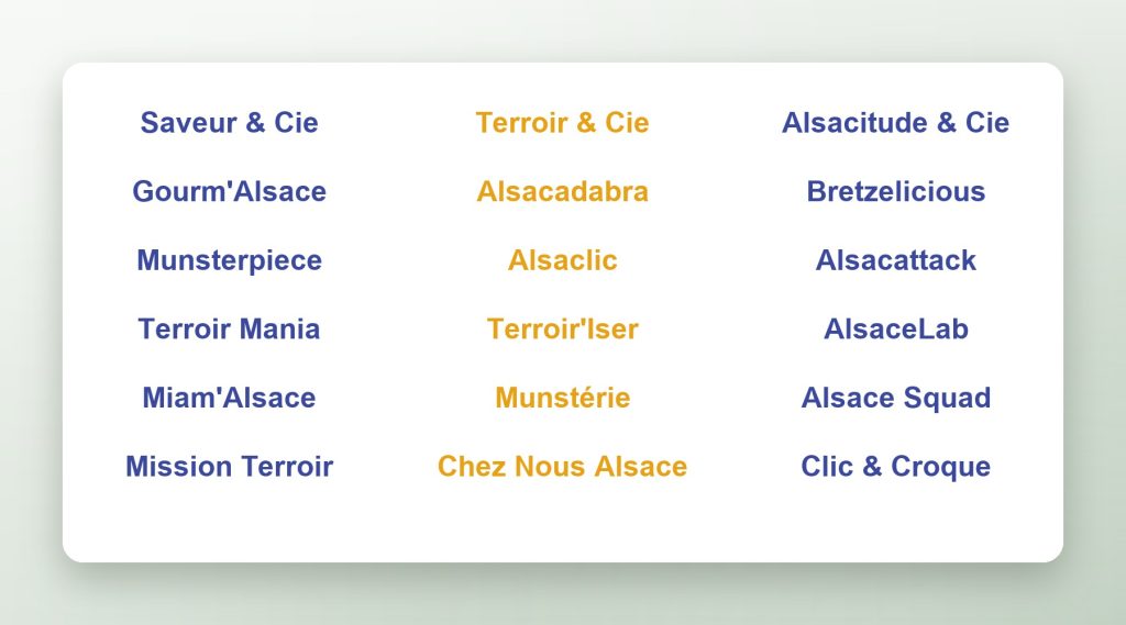 Liste courte de noms proposés pour Les Gourmands d'Alsace, produits de producteurs alsaciens
