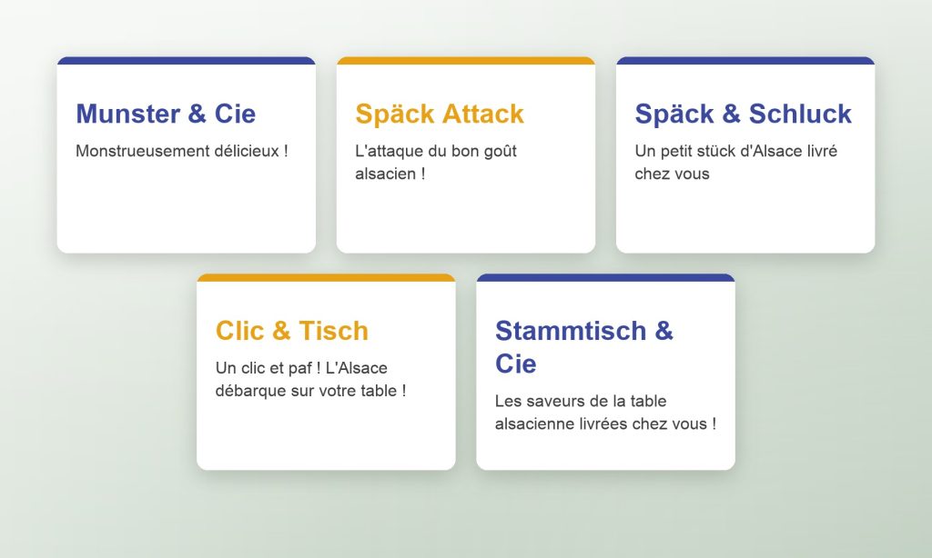 Premières pistes de noms proposées pour Les Gourmands d'Alsace, produits de producteurs alsaciens