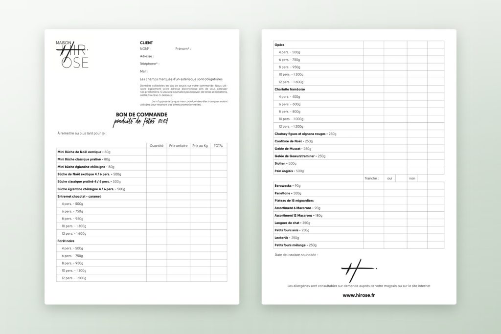 Bon de commande des fêtes pour Maison Hirose, boulangerie-pâtisserie bio en Alsace