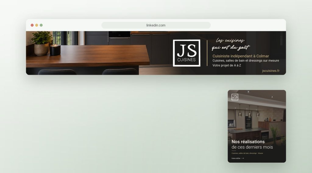Bannière et carrousel LinkedIn pour JS Cuisines, cuisiniste à Colmar
