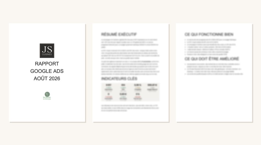 Rapport Google Ads mensuel, chiffres floutés, pour JS Cuisines, cuisiniste à Colmar