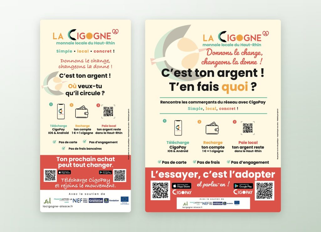 Flyers pour La Cigogne, monnaie locale du Haut-Rhin
