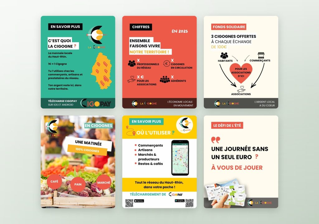 Modèles de publications pour les réseaux sociaux pour La Cigogne, monnaie locale du Haut-Rhin