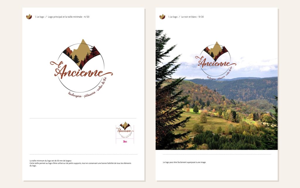 Logo aux montagnes et sapins pour L'Ancienne, boulangerie au Bonhomme