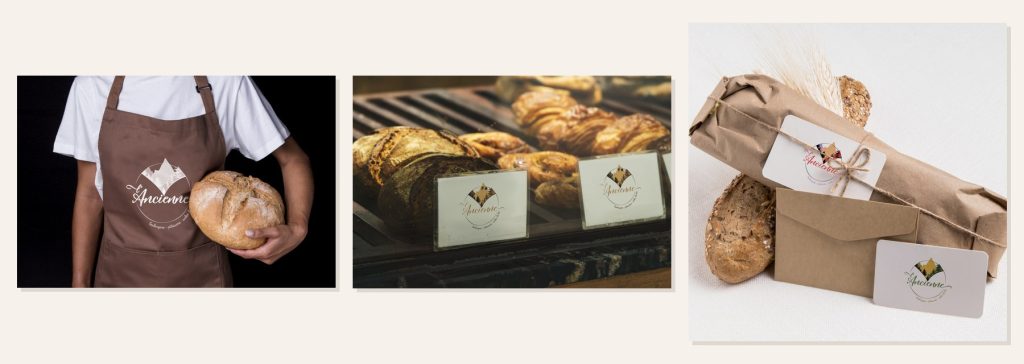 Mises en situation sur tablier, vitrine et sac à pain pour L'Ancienne, boulangerie au Bonhomme
