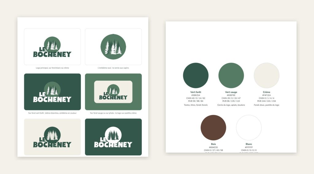 Déclinaisons du logo et couleurs de la charte graphique du Bocheney, gîte à Orbey