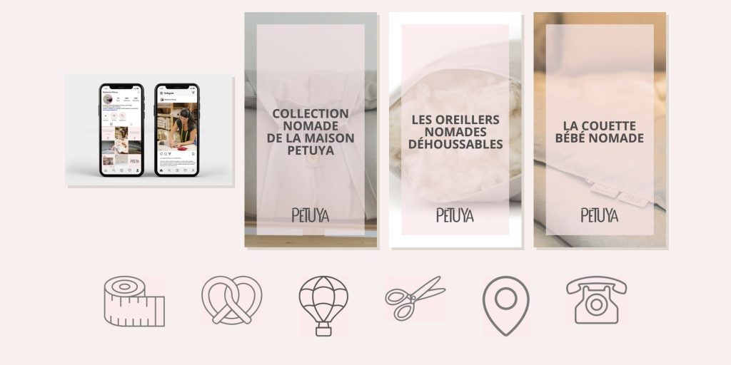 Réseaux sociaux, épingles Pinterest et pictogrammes pour Pétuya, literie artisanale à Zimmerbach