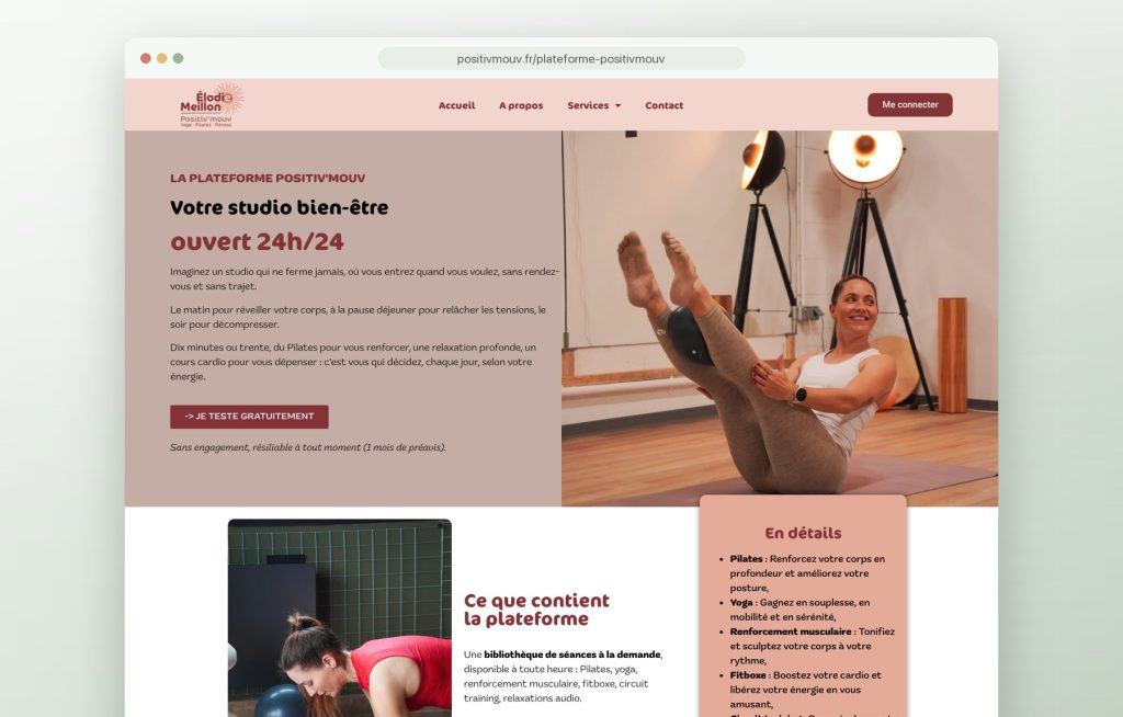 Page de la plateforme de cours en ligne de Positiv'mouv, Élodie Meillon, coach sportive en ligne et à Toulouse