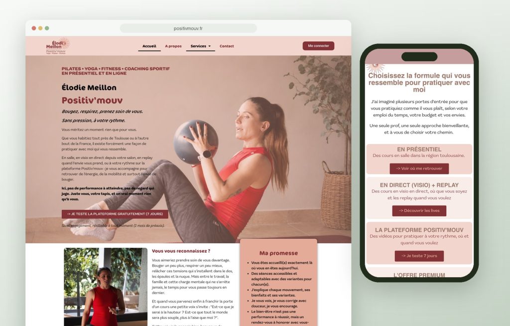 Site internet 2026 sur ordinateur et mobile pour Positiv'mouv, Élodie Meillon, coach sportive en ligne et à Toulouse