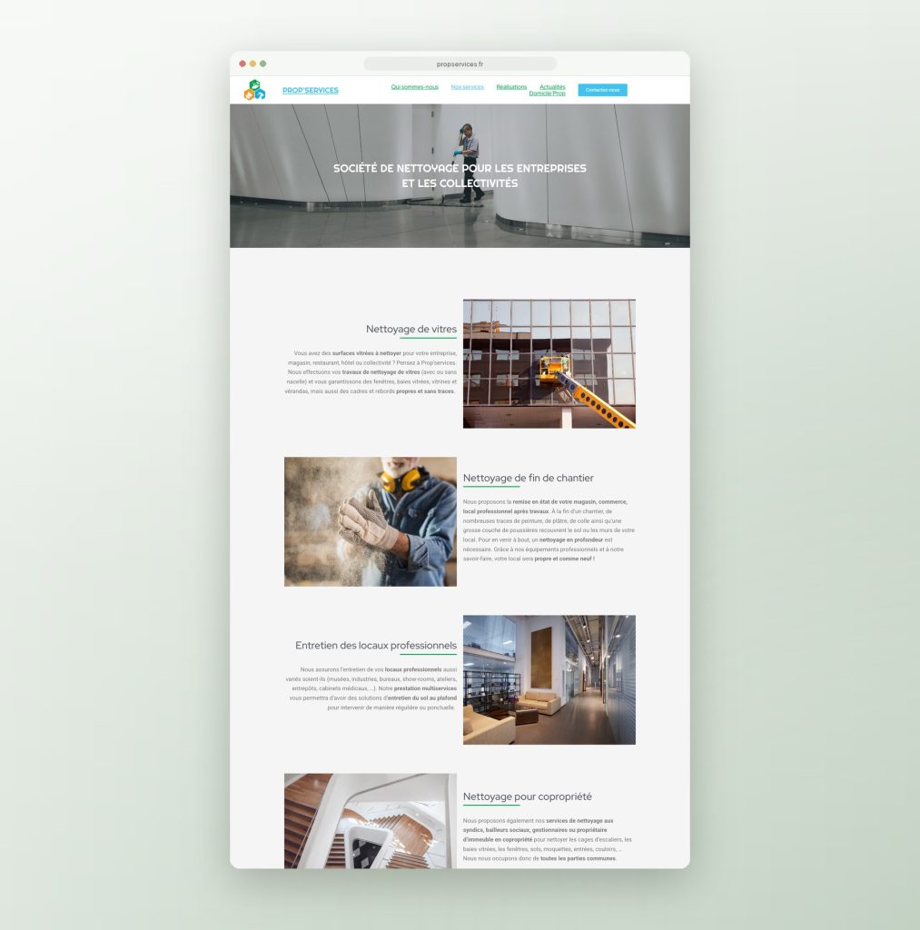 Page des services du site pour Prop'Services, société de nettoyage dans le Haut-Rhin