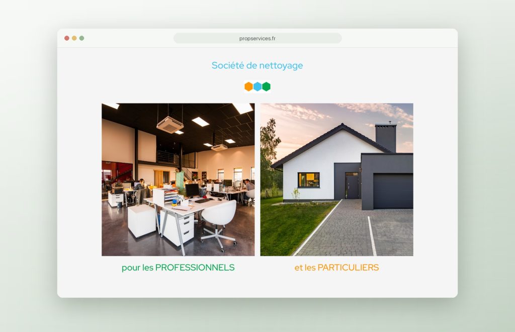 Page d'entrée vers les deux marques du site pour Prop'Services, société de nettoyage dans le Haut-Rhin