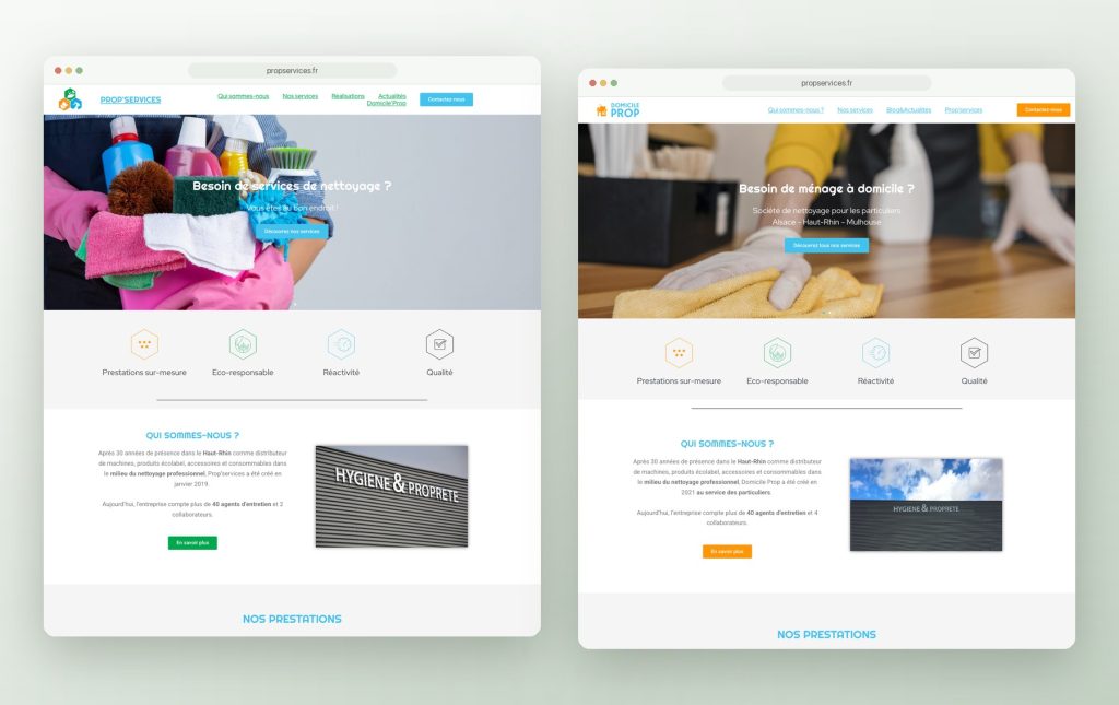 Accueils professionnels et particuliers du site pour Prop'Services, société de nettoyage dans le Haut-Rhin