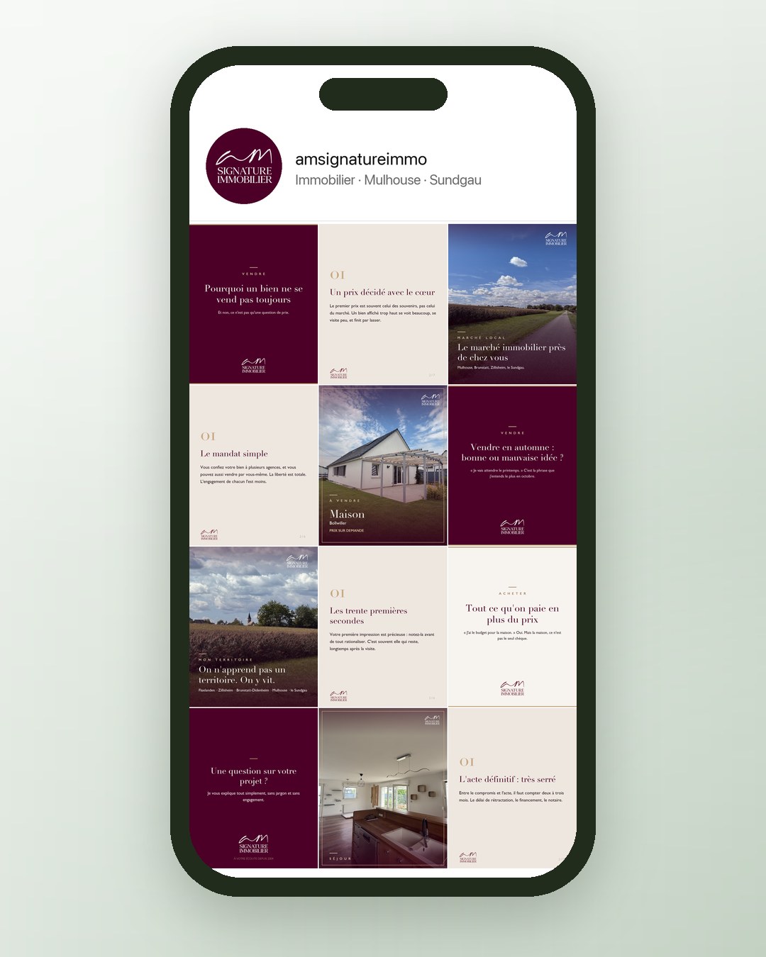 Grille du feed Instagram sur mobile pour AM Signature Immobilier, agence immobilière à Flaxlanden