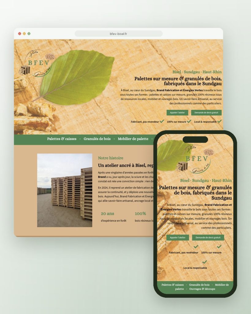 Page d'accueil du site sur ordinateur et mobile pour Brand Fabrication et Énergies Vertes, palettes et granulés de bois à Bisel