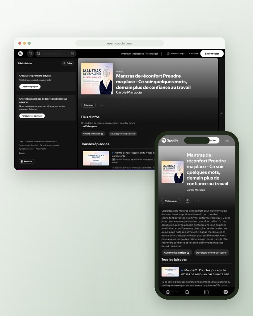 Page Spotify du podcast sur ordinateur et mobile pour Open You, Carole Maruccia, bilan de compétences