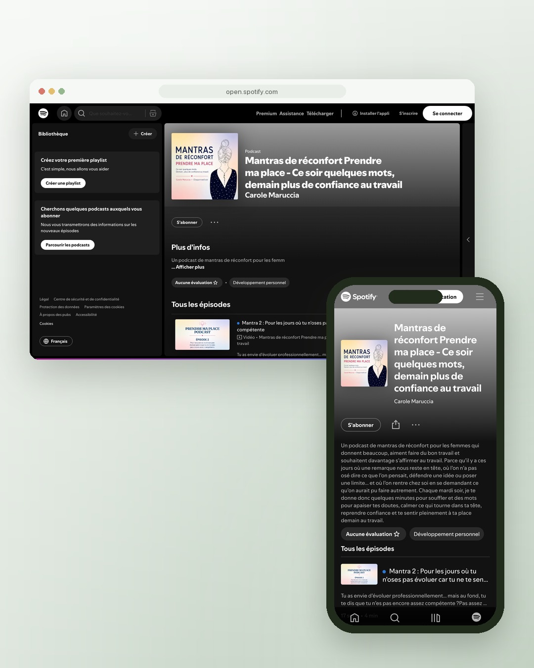 Page Spotify du podcast sur ordinateur et mobile pour Open You, Carole Maruccia, bilan de compétences