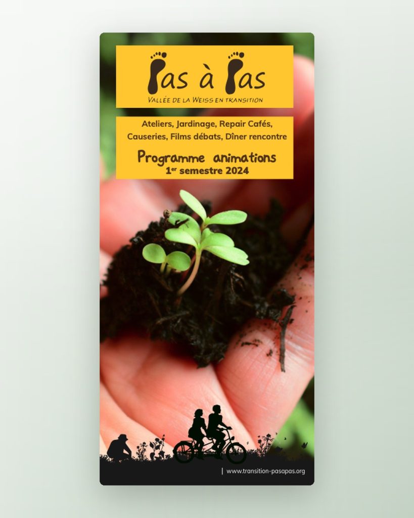 Couverture du programme d'animations 2024 pour Pas à Pas, association de transition dans la vallée de Kaysersberg