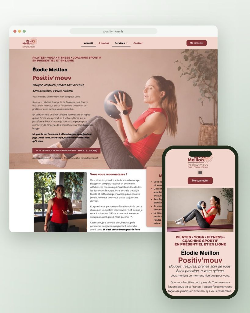 Site internet sur ordinateur et mobile pour Positiv'mouv, Élodie Meillon, coach sportive en ligne et à Toulouse