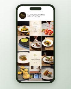 Grille du feed Instagram sur mobile pour Au Relais des Ménétriers, restaurant gastronomique à Ribeauvillé