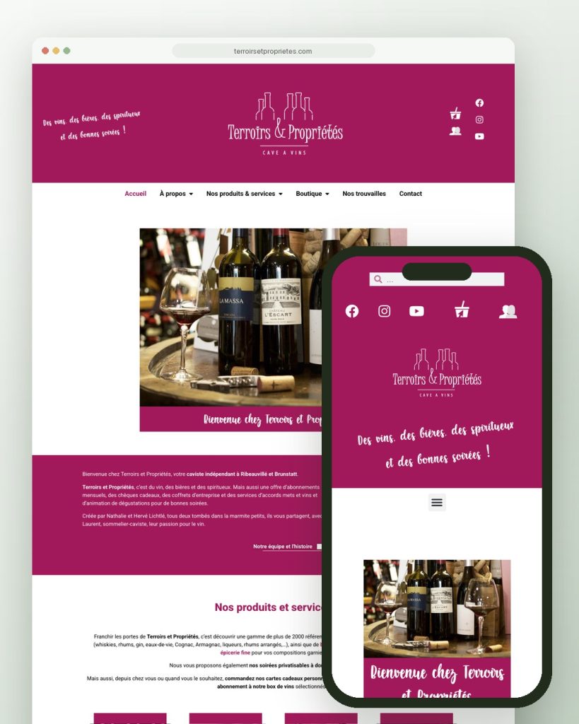 Site internet sur ordinateur et mobile pour Terroirs et Propriétés, caviste à Ribeauvillé