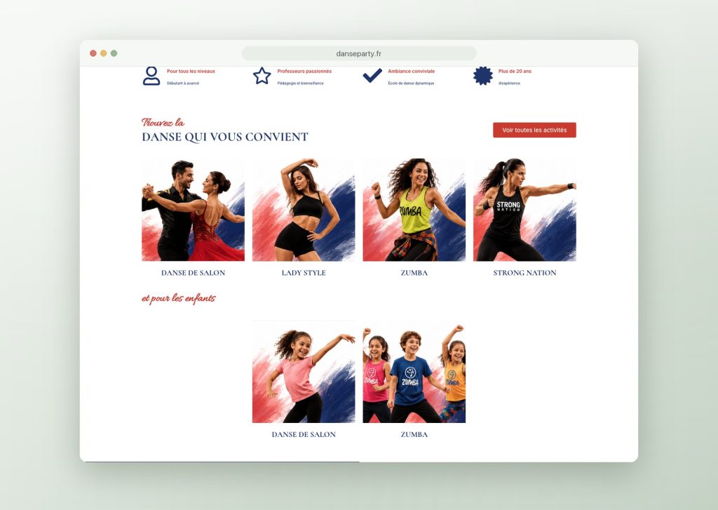 Page d'accueil et cartes des danses du site pour SRC Danse Party, club de danse à Colmar
