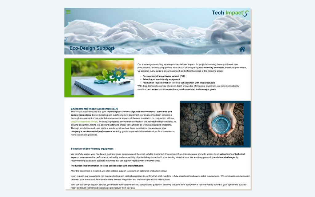 Page Eco-Design Support du site pour Tech Impact's, conseil pour l'industrie textile