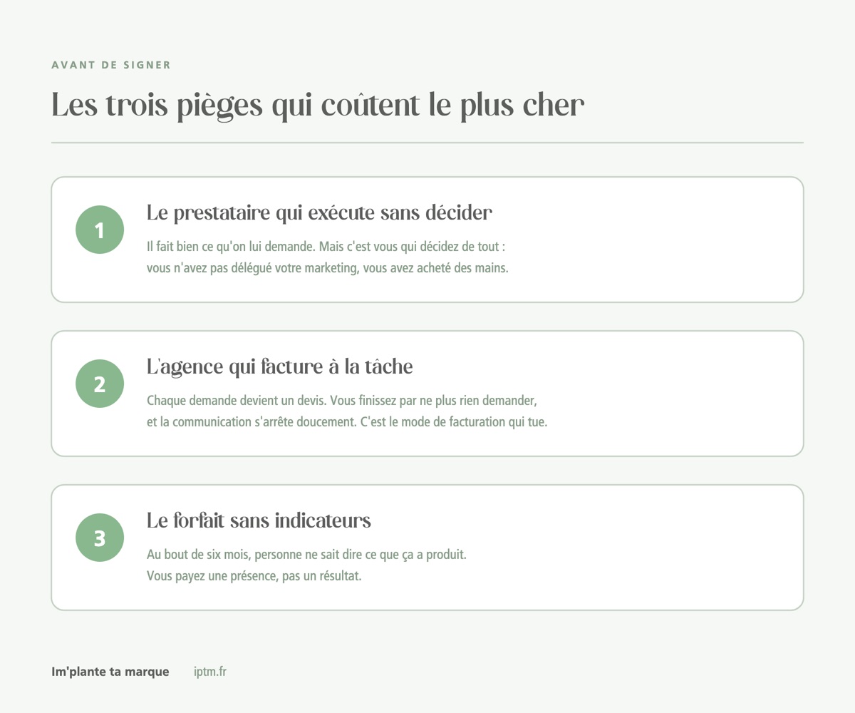Les trois pièges d'un marketing externalisé : exécuter sans décider, facturer à la tâche, un forfait sans indicateurs