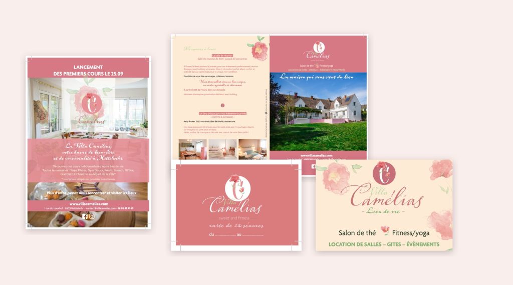 Flyer, dépliant, carte de séances et panneau réalisés pour la Villa Camélias