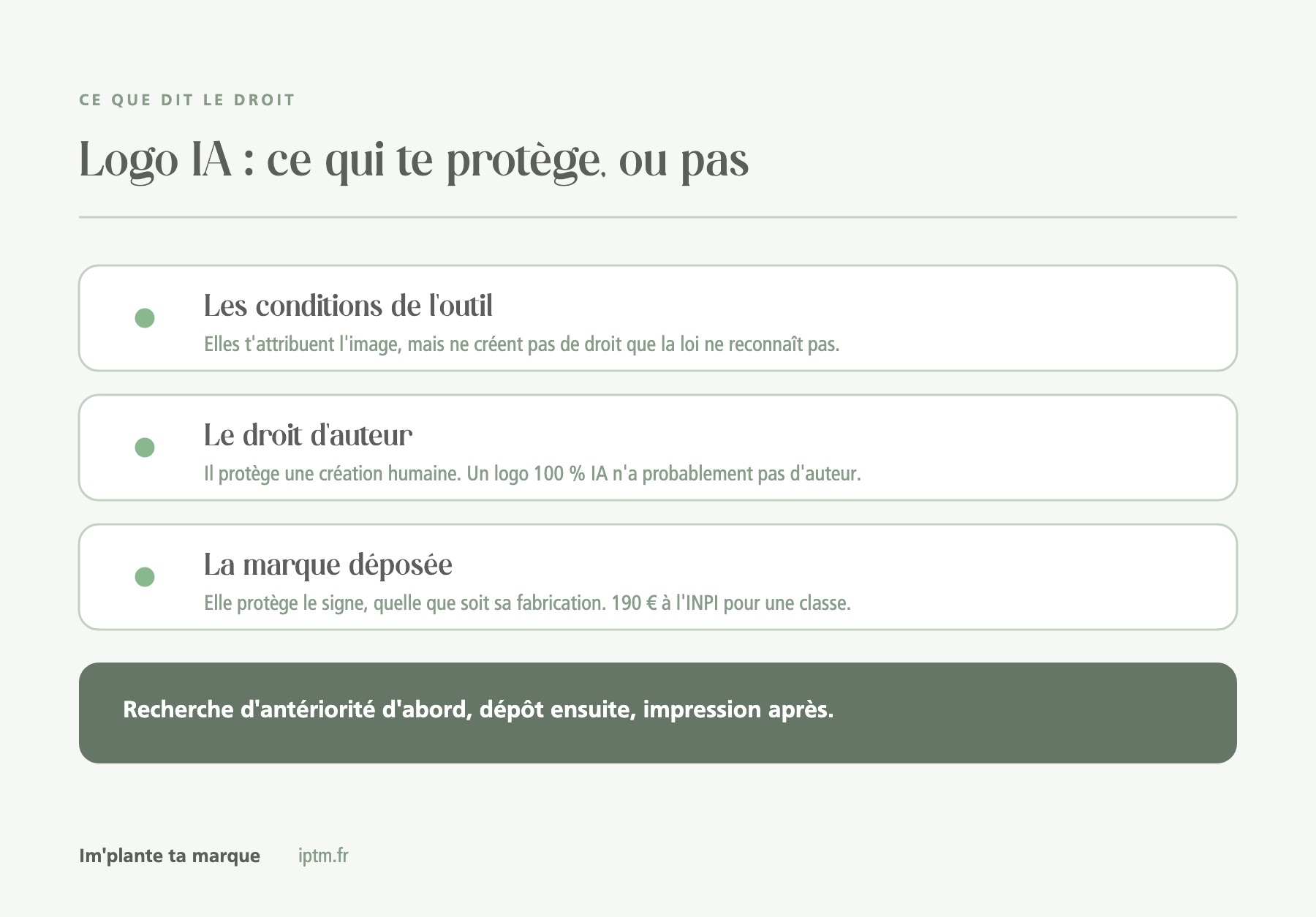 Logo IA : ce qui te protège, ou pas, Im'plante ta marque