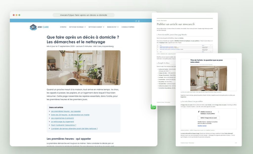 Article Que faire après un décès à domicile et fiche pratique pour MW Care, nettoyage technique en Alsace