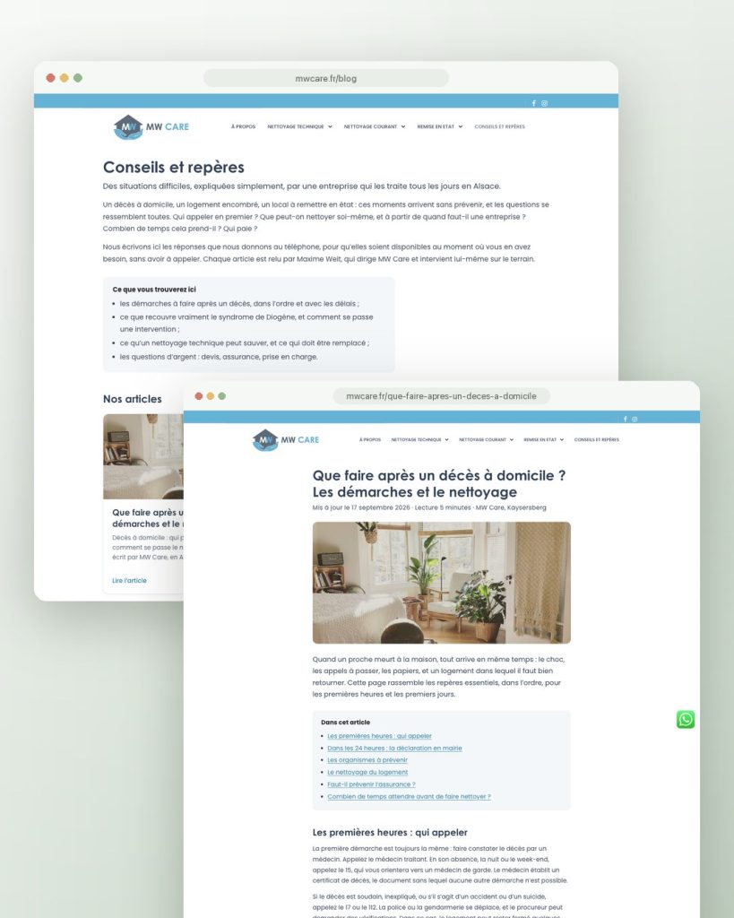 Page Conseils et repères et premier article du site de MW Care, nettoyage technique à Kaysersberg