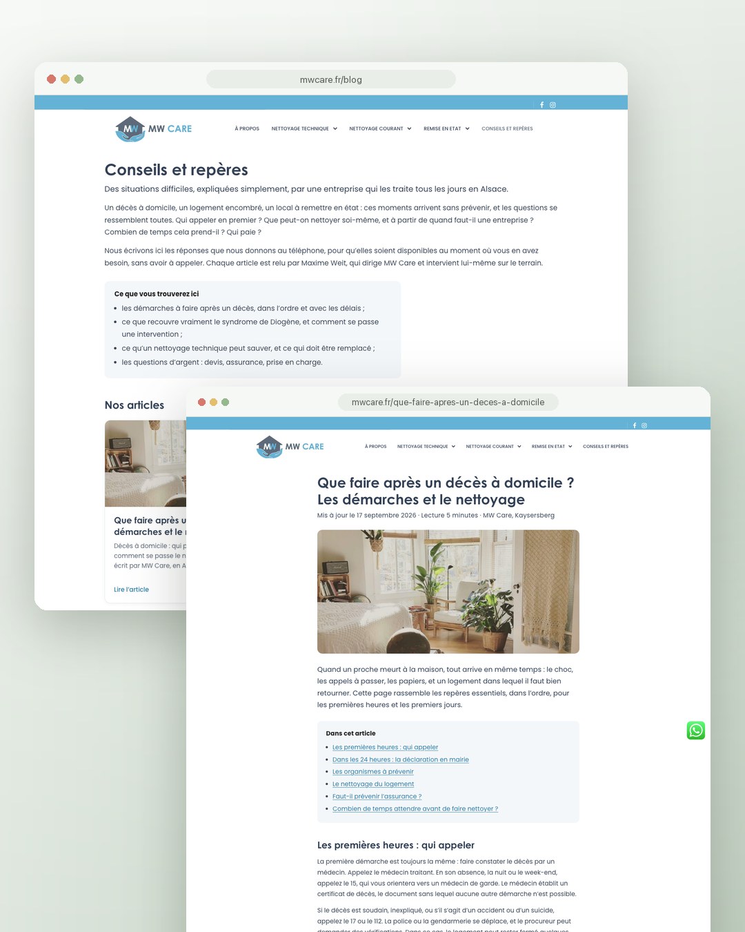 Page Conseils et repères et premier article du site de MW Care, nettoyage technique à Kaysersberg